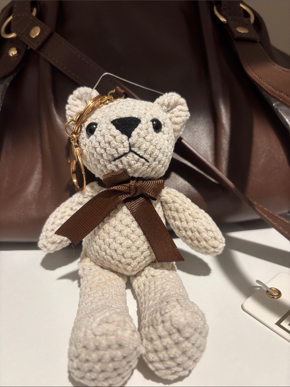 Urban Expressions Brown Leather Drawstring Shoulder Bag with Teddy Charm - Picture 2 of 5